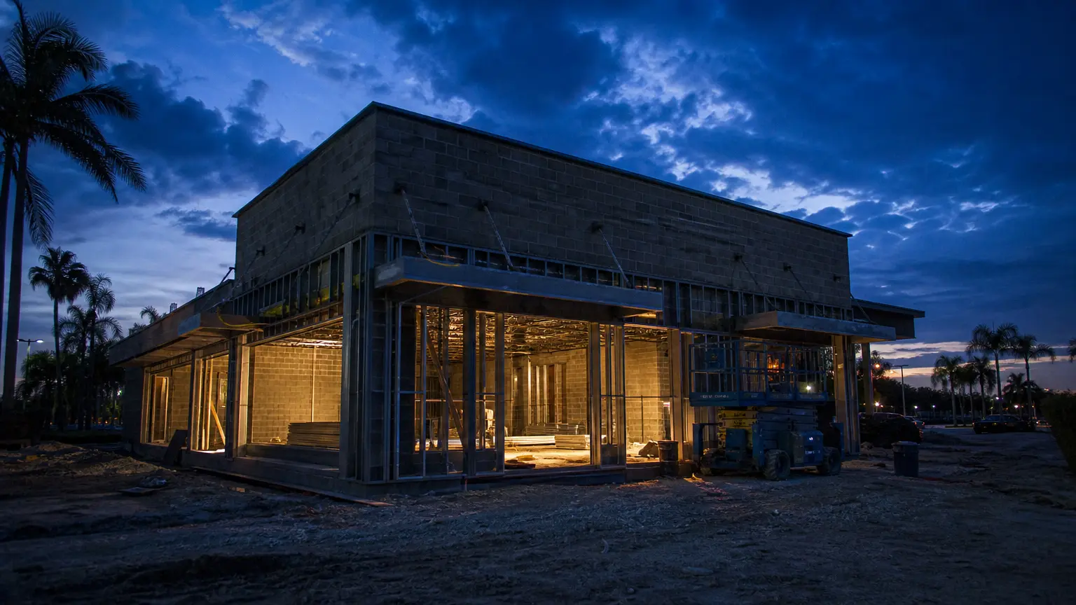 Axiom Construction commercial project at dusk in Fort Myers