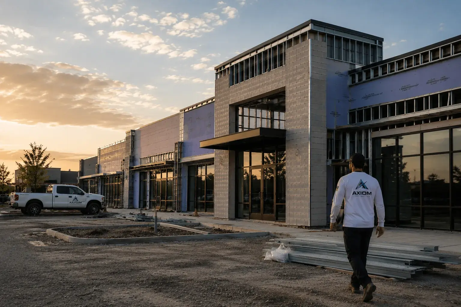 Axiom Construction commercial project at dusk in Fort Myers